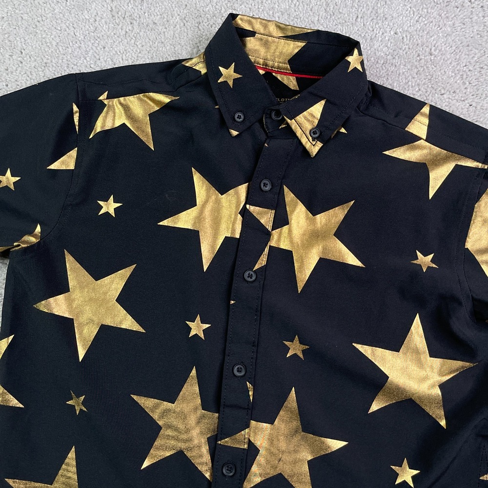 Drill Clothing Shirt Mens Small Black Gold Star Print Short Sleeve Performanve